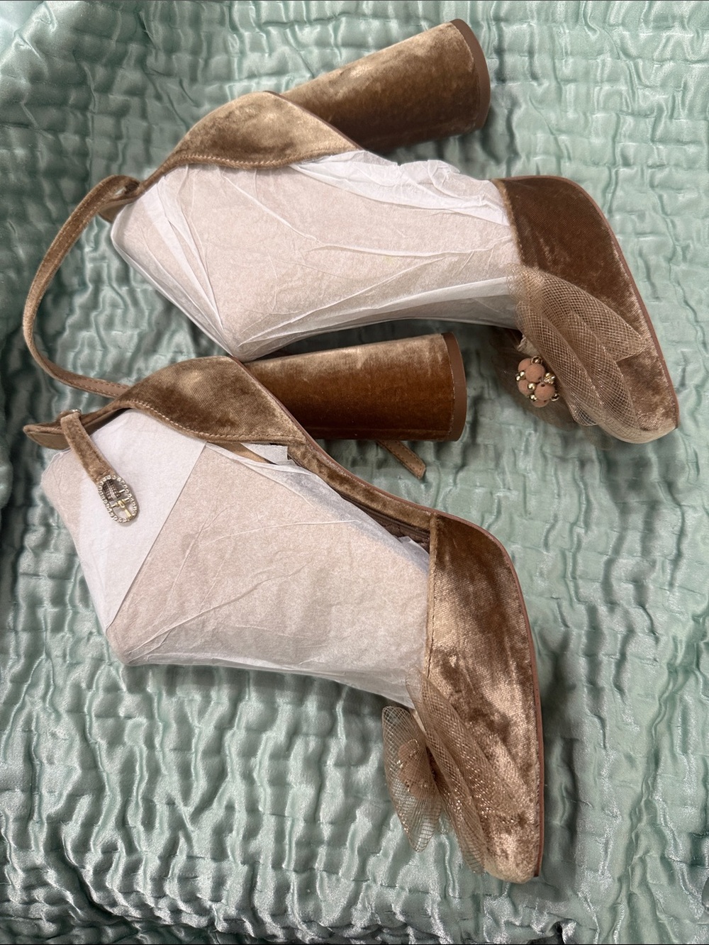 Sam Edelman Velvet Tulle Block Heel Pumps in Light Brown - Picture 3 of 5